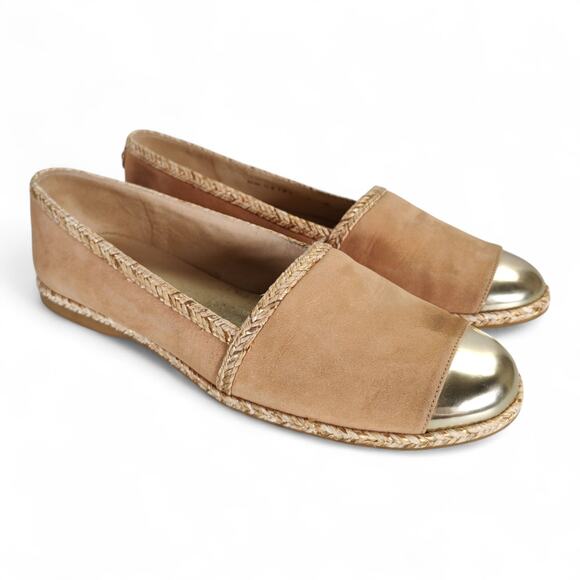 Stuart Weitzman Beige Nubuck Espadrille Flats 7 Braided Trim Cap Toe Spain - Picture 1 of 15